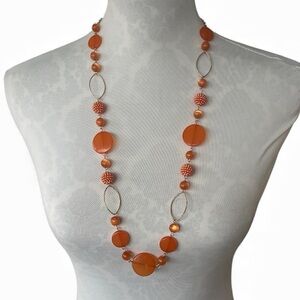 Gold Tone & Orange Lucite Beaded Long Necklace – Retro Statement Jewelry